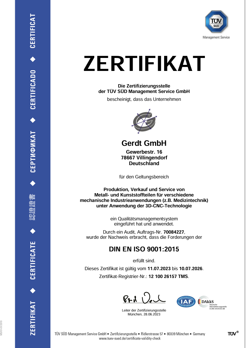 DIN EN ISO 9001:2015 Zertifizierung der Gerdt GmbH CNC-Technik